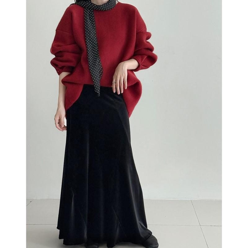 Johnature Fustă plisată de catifea în stil coreean pentru femei, toamnă, casual, universală, largă, cu talie înaltă, fuste lungi