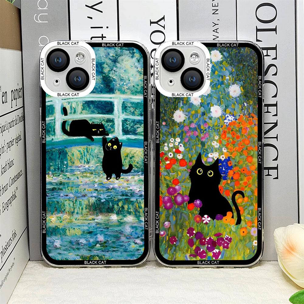 Retro Oil Painting Van-Gogh Flower Art Cat Phone Case for IPhone 16 15 11 13 12 Mini 14 Pro Max 7 8Plus SE X XS Soft Cover Shell