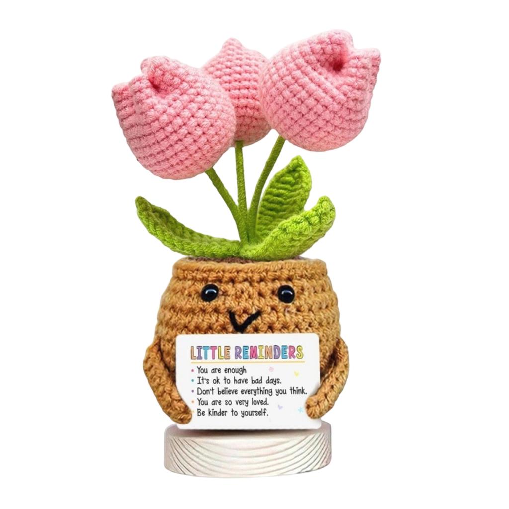 Handmade Knitted Tulip Flower Pot with Positive Message Card Crochet Decorative Plant Gift for Home Office Desk Display