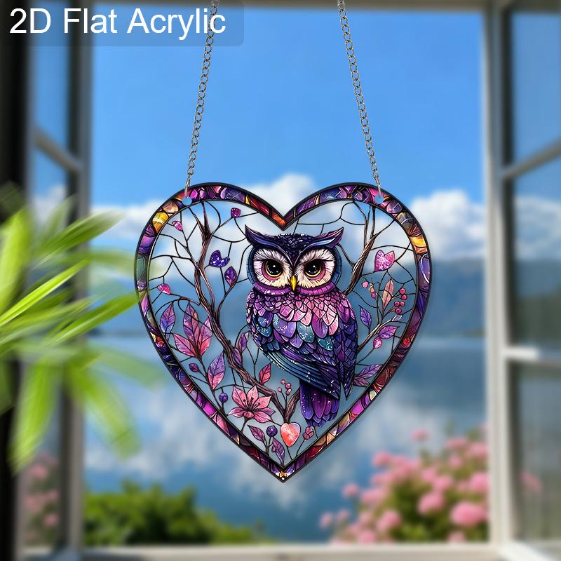 2D Flaches Herz Acryl Eule Fensterdeko, Buntglas-Effekt Hängendes Ornament für Zuhause, Schlafzimmer, Küche, Niedliches Geschenk für Freunde & Familie
