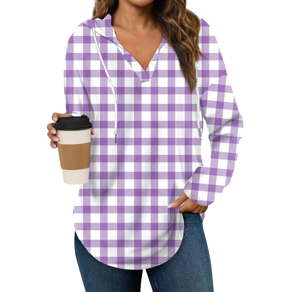 Damenmode Hoodies V-Ausschnitt Langarm Bedruckt Kordelzug Lässige Lose Pullover Tops