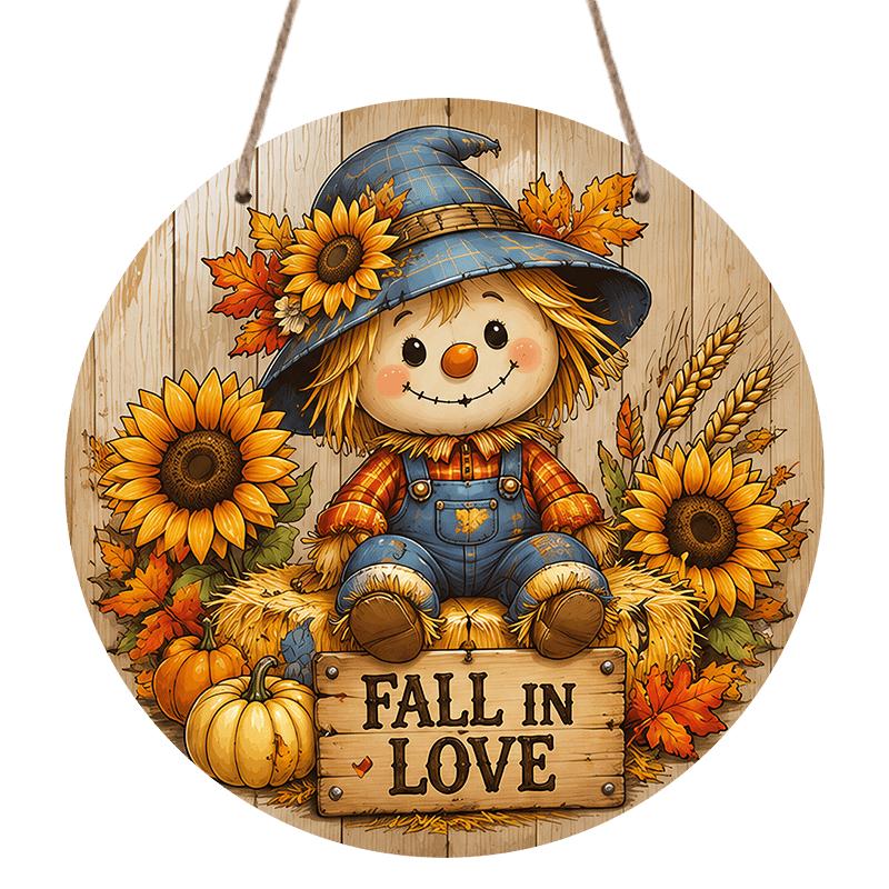 2D Flat, 1pc Round Aluminum Hanging Sign, Rustic Cartoon Style Plaid Overalls Scarecrow Blue Witch Hat Sunflower Wheat Mini Pumpkin Pattern, Fall