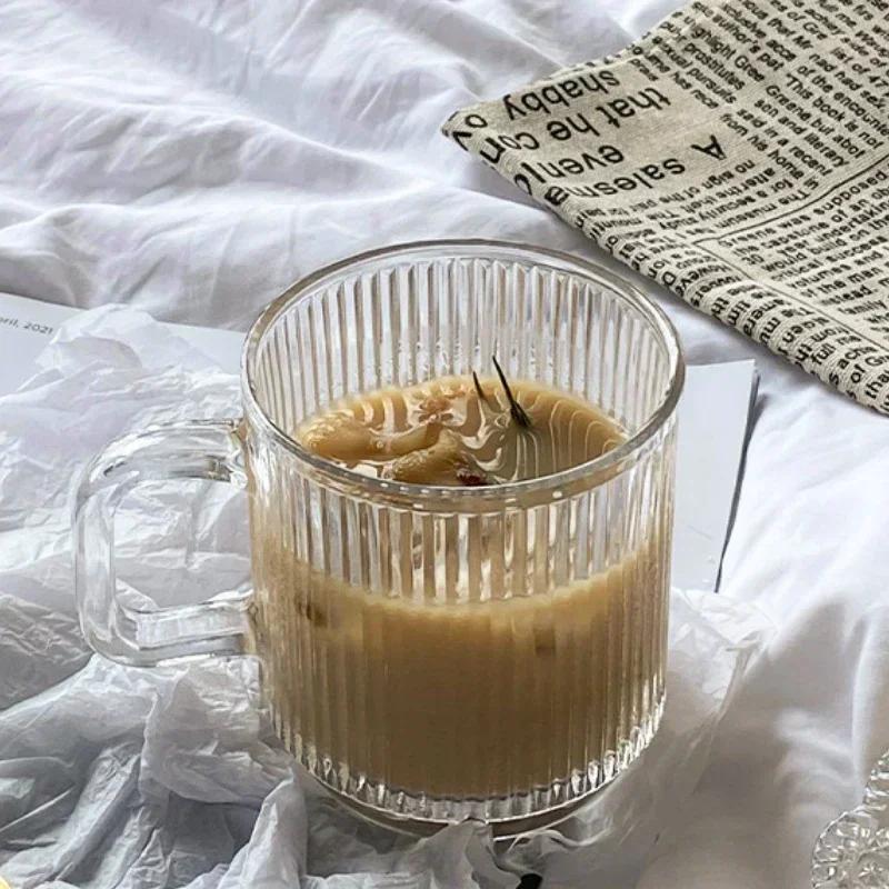 Glass Drinkware 320ml Coffee Mugs Transparent Glass with Handle Tumbler for Home Striped Cup Water Bottle for Women Coffee Cups