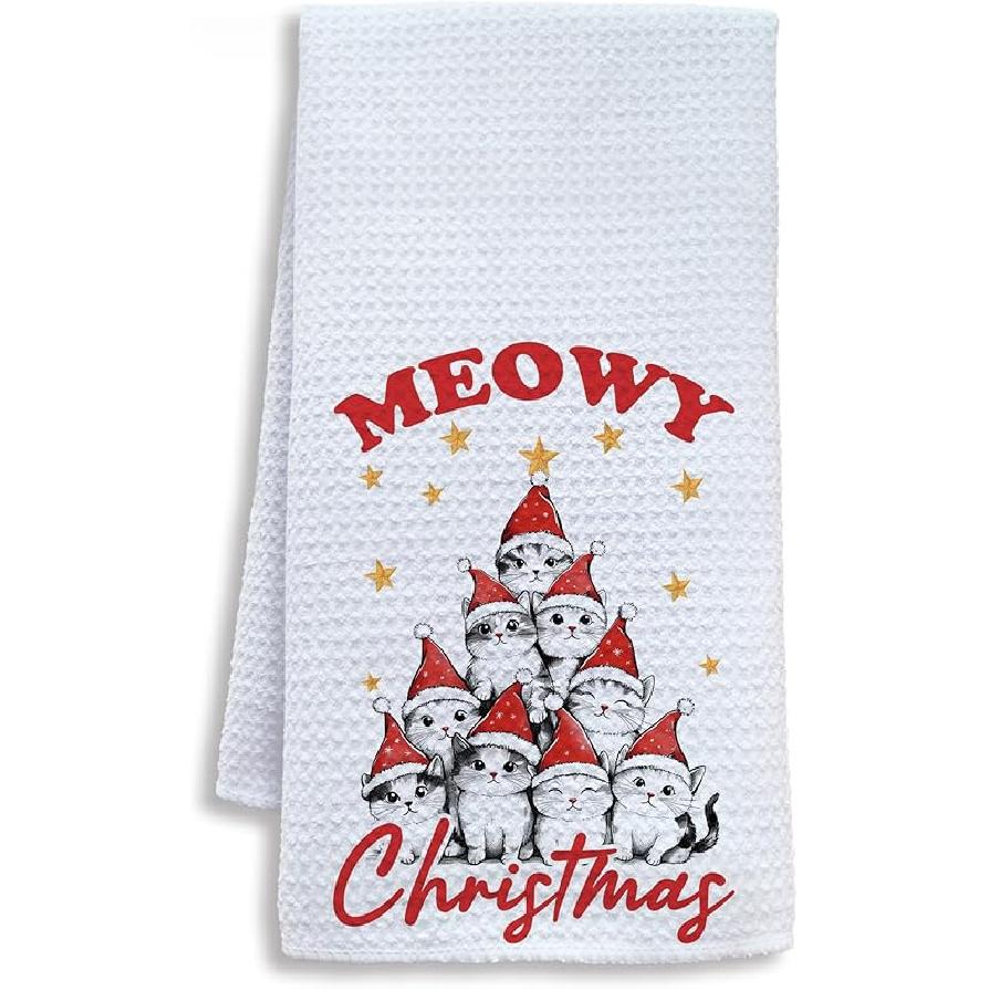 Pink Santa Winter Kitchen Towels, Snowflake Winter Dish Tea Towels for Kitchen, Funny Christmas Santa Claus Holiday Decorative Hand Towel for