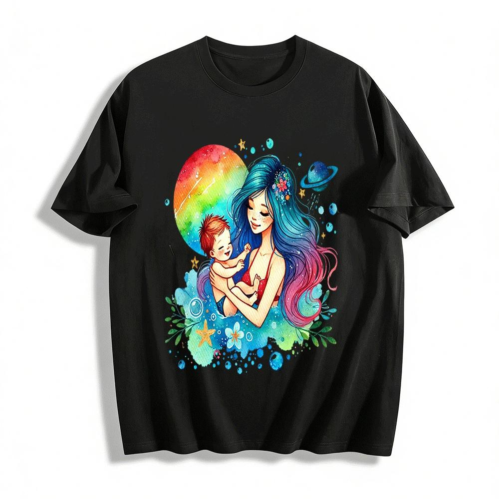 Cosmic Mother And Child Watercolor Print Parent-child Top Pure cotton T-shirt XXS