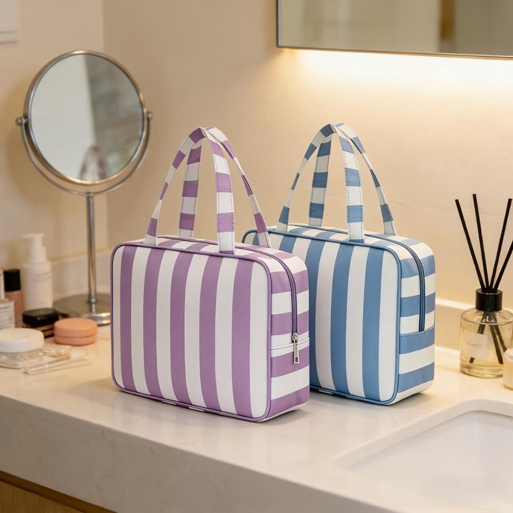 Large Capacity Striped Toiletry Storage Bag Collapsible Cosmetic Pouch Travel Makeup Bag  Gym