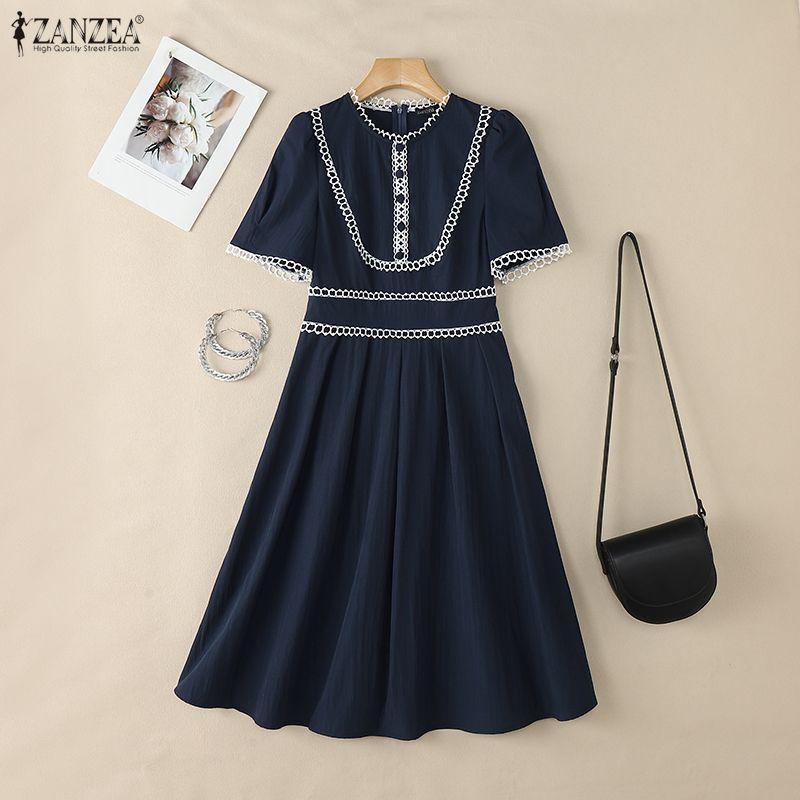 ZANZEA Women Casual Round Neck Elegant Short Sleeve Dress