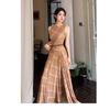 Summer French Retro Temperament Beautiful Sleeveless Pendulum Dress Design Plaid Waist Long Dress Women