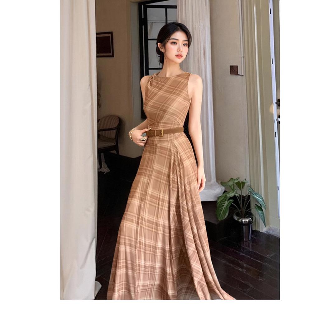 Summer French Retro Temperament Beautiful Sleeveless Pendulum Dress Design Plaid Waist Long Dress Women