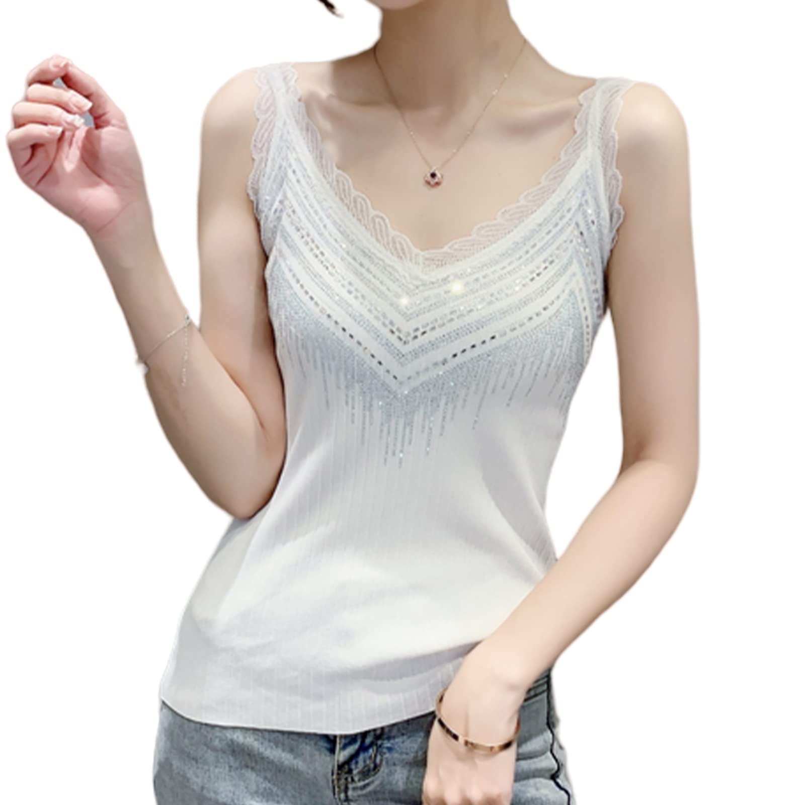 

Camisole Lace Tank Top with Padded Everyday Summer [xppe] Women s Top, Eye-Catching V-Neck, Sparkly, Elegant, Stylish, Cool, Feminine, White, Black, белый