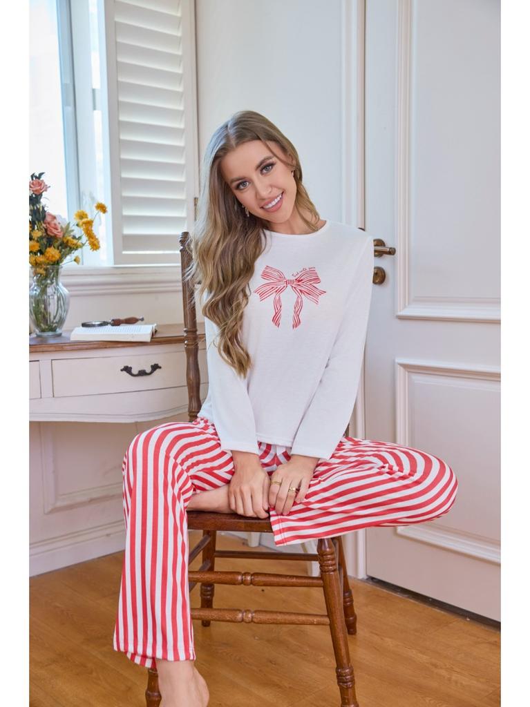 Women's Pajamas Heart-Shaped Bow Casual and Stylish Long-Sleeve Top and Long Pants Loungewear Set for Women