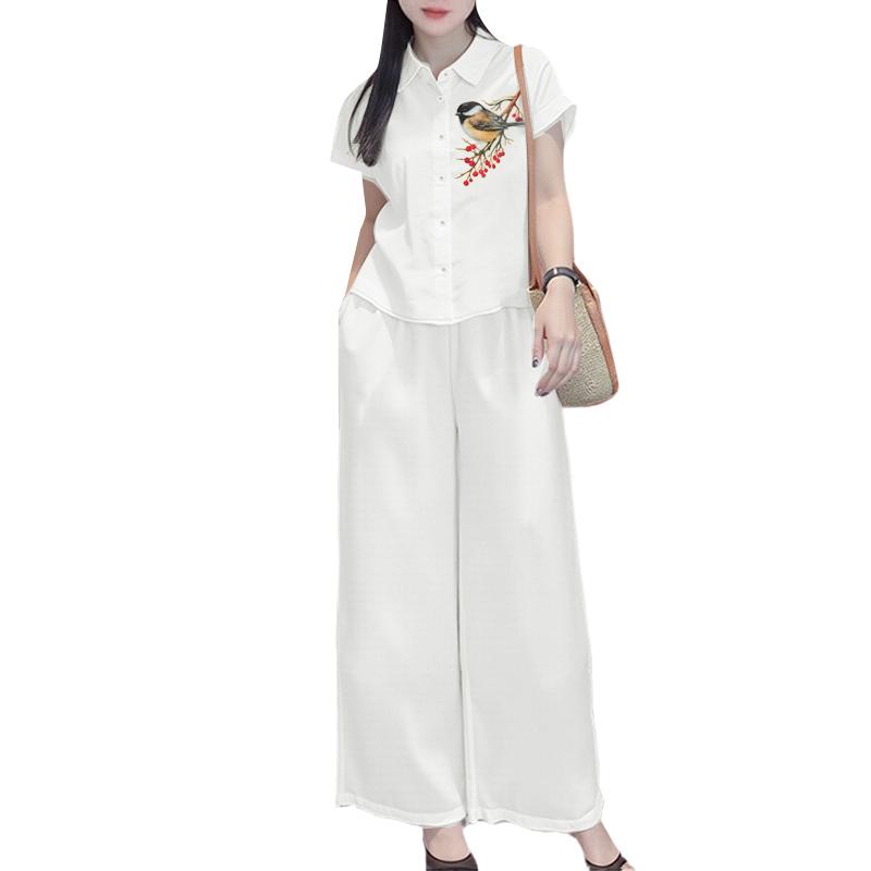 ZANZEA Women Short Sleeve Print Blouse and Pants Casual Two Piece Suit Sets