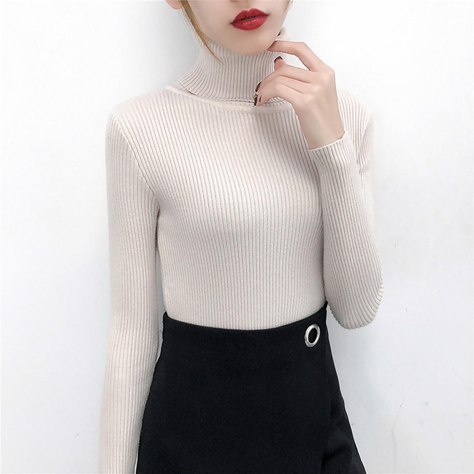 

Women s Fashion Long Sleeve Turtleneck Solid Color Sweater Sheep Fleece Loose Knit Pullover Top бежевий