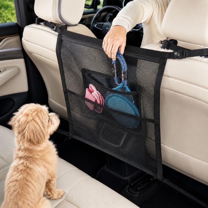 Dog Car Barrier Mesh Screen with Rear Seat Divider, Headrest Mount, Center Pocket and Cabin Partition for Daily Driving, 69 X 59 Cm