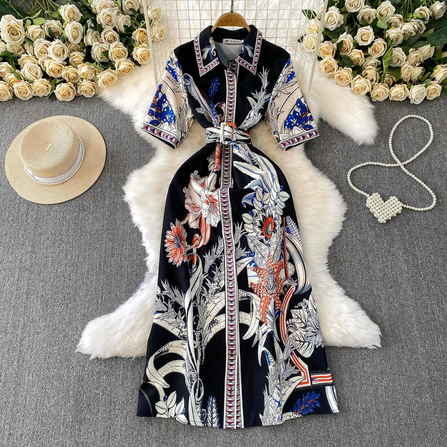 

Летнее женское дизайнерское винтажное платье с принтом с подиума, элегантное платье-рубашка макси с длинным рукавом на пуговицах с отложным воротником и поясом XL чёрный