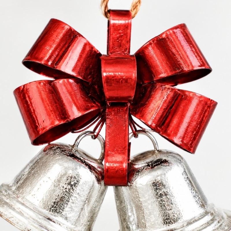 Three-Dimensional Metal Christmas Bowknot Decoration with 2 Iron Bells and Top Hanging Loop for Storefronts and Hotel Lobbies