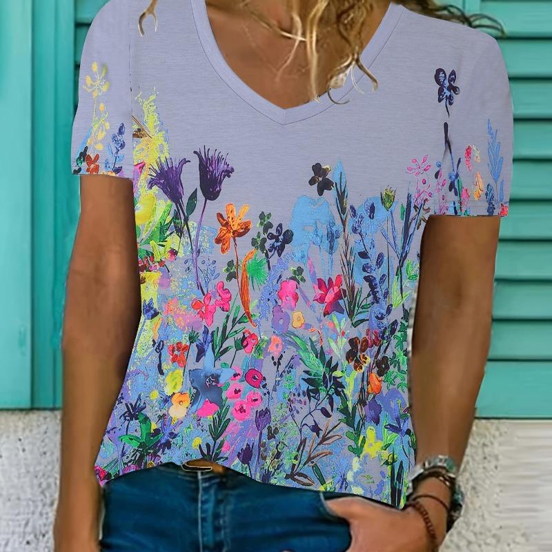 Women's Floral Print V-Neck T-Shirt Y2k Fashion Casual Short-Sleeved Blouse Street Oversized Women's Summer Clothing