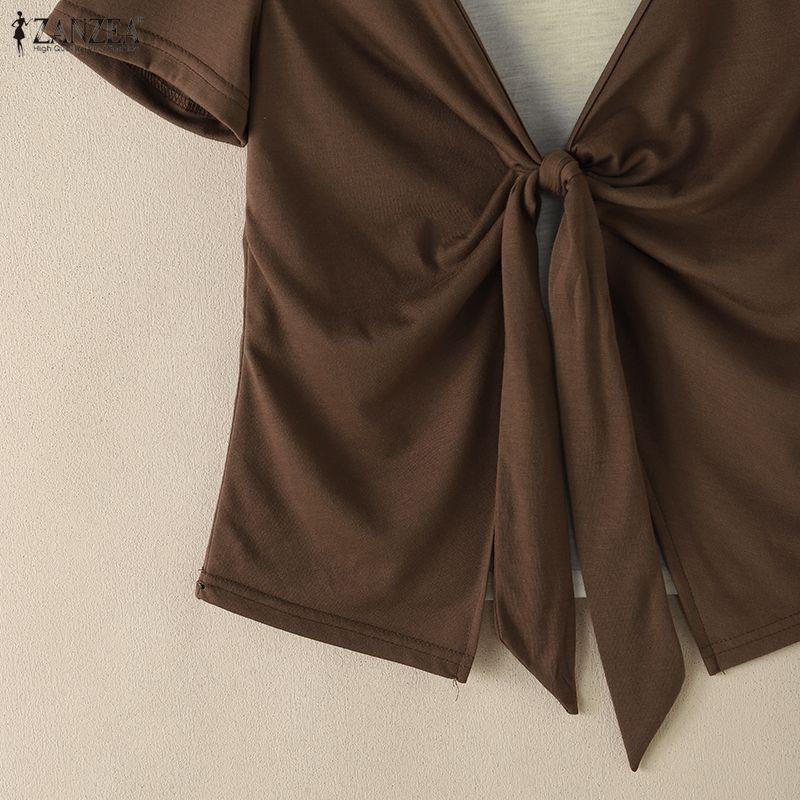 ZANZEA Women Casual Round Neck Short Sleeve Summer Patchwork Blouse