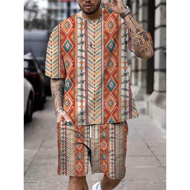 2025 New Summer Men's Short Sleeve Shorts Set Street Everyday Casual Men's T-Shirt Outdoor Fashion Loose Shorts Bohemian Print