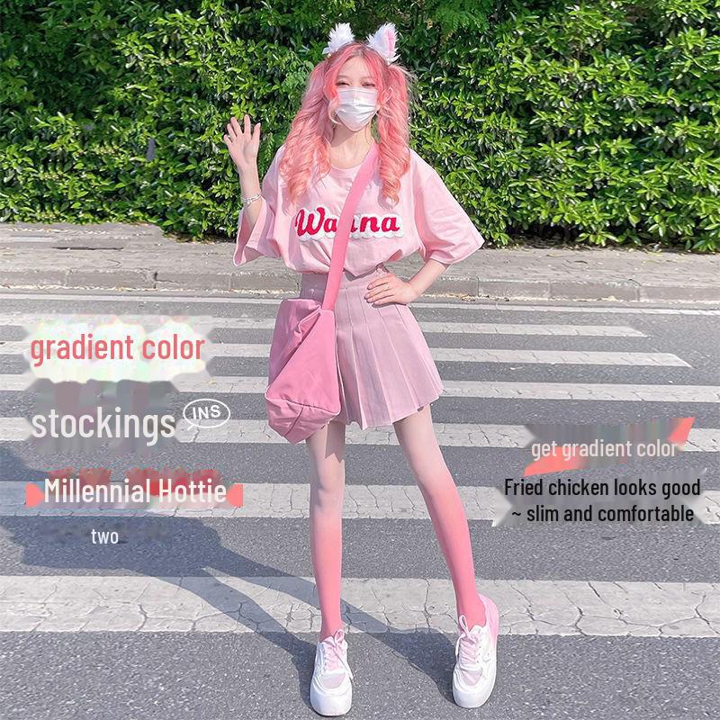 

Чулки в стиле Лолиты с градиентом белого и персикового цвета - розового и черного шелкового цвета, тонкие с юбкой, Pure Desire. Closed Crotch светло-фиолетовый