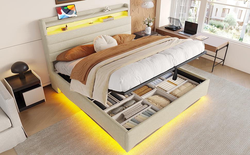 Upholstered Bed, 140 x 200 cm, without Mattress, LED Lighting, Hydraulic Mechanism, USB and Type-C Ports, Storage Compartment, Linen Fabric, Beige
