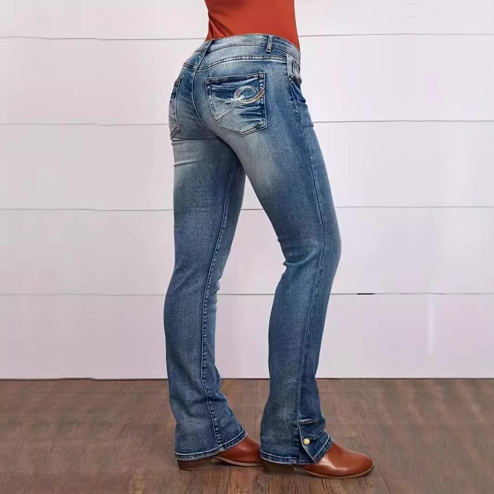 Women's Low Rise Straight Leg Jeans Embroidered Stretch Denim Pants Casual Slim Fit Denim Trousers For Daily Wear