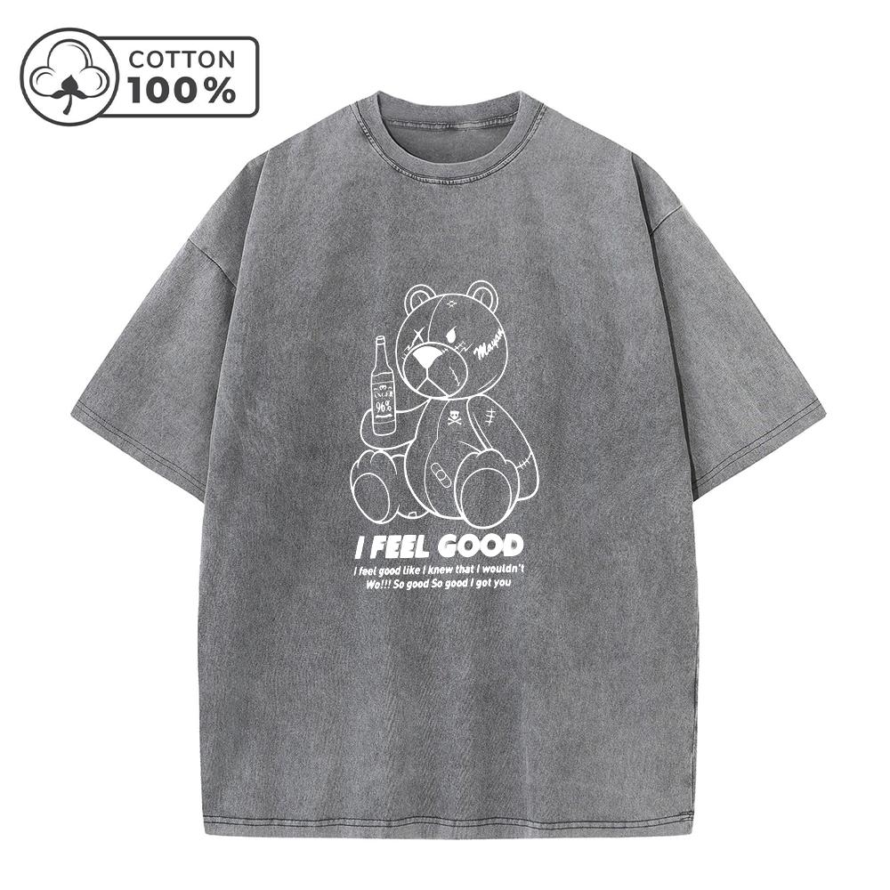 

Mens Retro Distressed Pure Cotton Washed T Shirt With Creative Line Bear Print Fashionable Comfortable Crew Neck Short Sleeve S