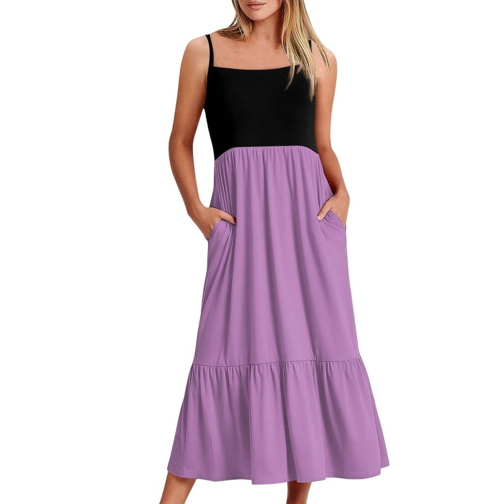 Women's Long Beach Casual Elegant Spaghetti Strap Maxi Dress Stitching Low-key Flowing Bohemian Dress
