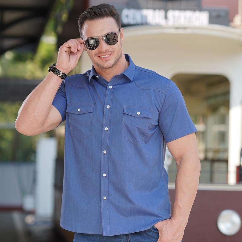 Men 'S Summer Cool Thin Breathable Solid Color Button Cotton Shirt Short Sleeve