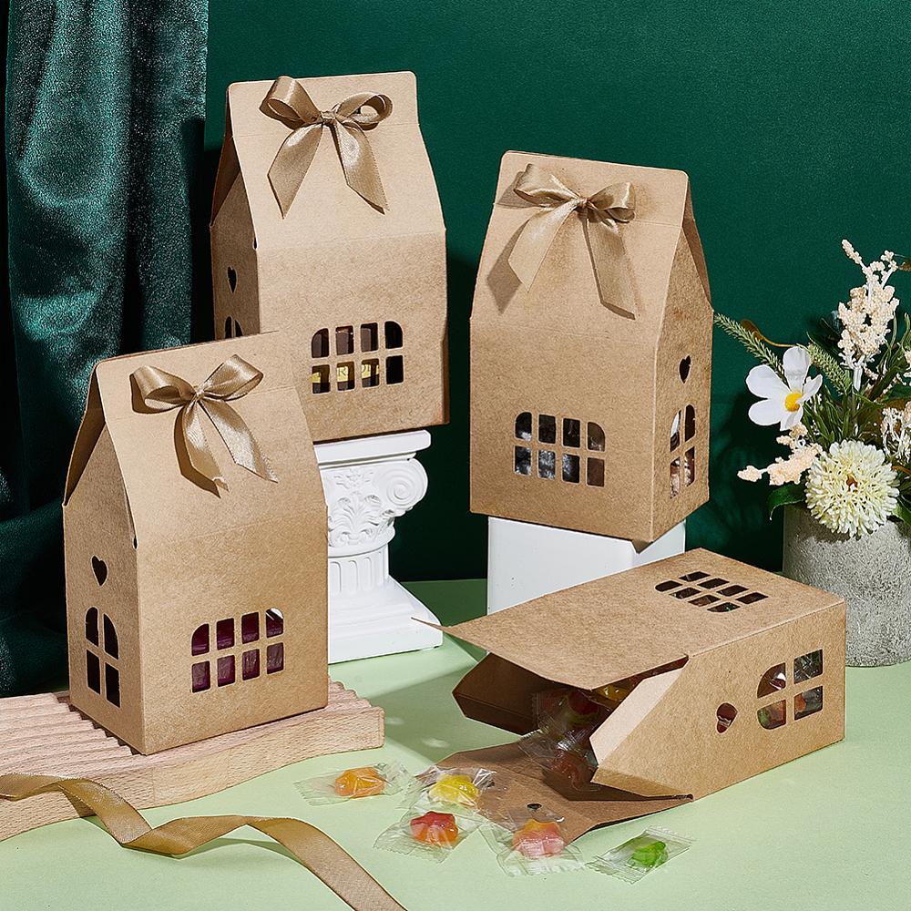30 Adet Ev Şeklinde Kağıt Hediye Kutusu Hediye Saklama Kutusu Görünür Pencere ve Polyester Kurdeleli Kahverengi Bitmiş Ürün: 10x7x10cm