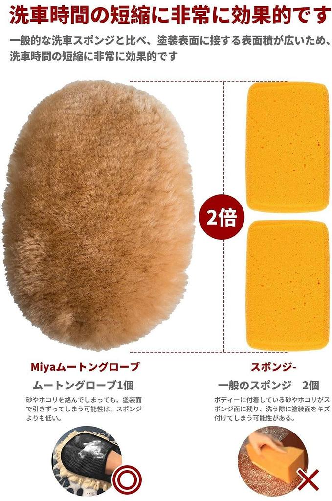 Miya Car Wash Mouton Set of Australian Mouton Professional Car Wash Mop Gloves, 2, 100% Wool, Brush, (Camel)