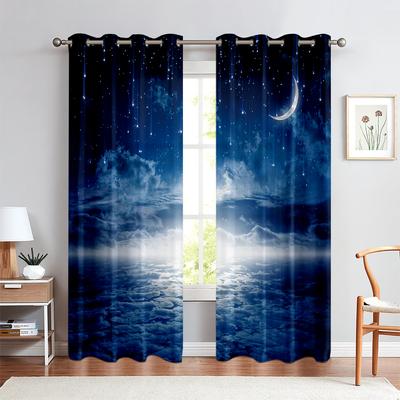 Cortinas impressas em 3D com vista noturna de céu estrelado e lua, adequadas para quarto, sala de estar, sala de estudo, cortinas decorativas, 2 peças