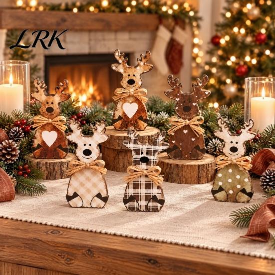 Rustic Style Table Centerpieces Wooden Elk Figurine, Ornament, Vintage Animal Desktop Decoration, 2D Flat Decorations Wall Hanging Ornament with Hemp