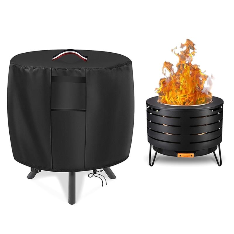 Moisture-Panel Round Fire Pit Cover with Bottom Drawcord, Upper Removal Handle and Black 420D Fabric for Yard Equipment Storage Between Gatherings