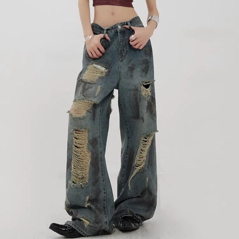 Damskie jeansy vintage z efektem rozpryskującej się farby, postarzane, z szerokimi nogawkami rozszerzanymi ku dołowi - wysoki stan, wyszczuplające, z drapowaniem, na wiosnę lato