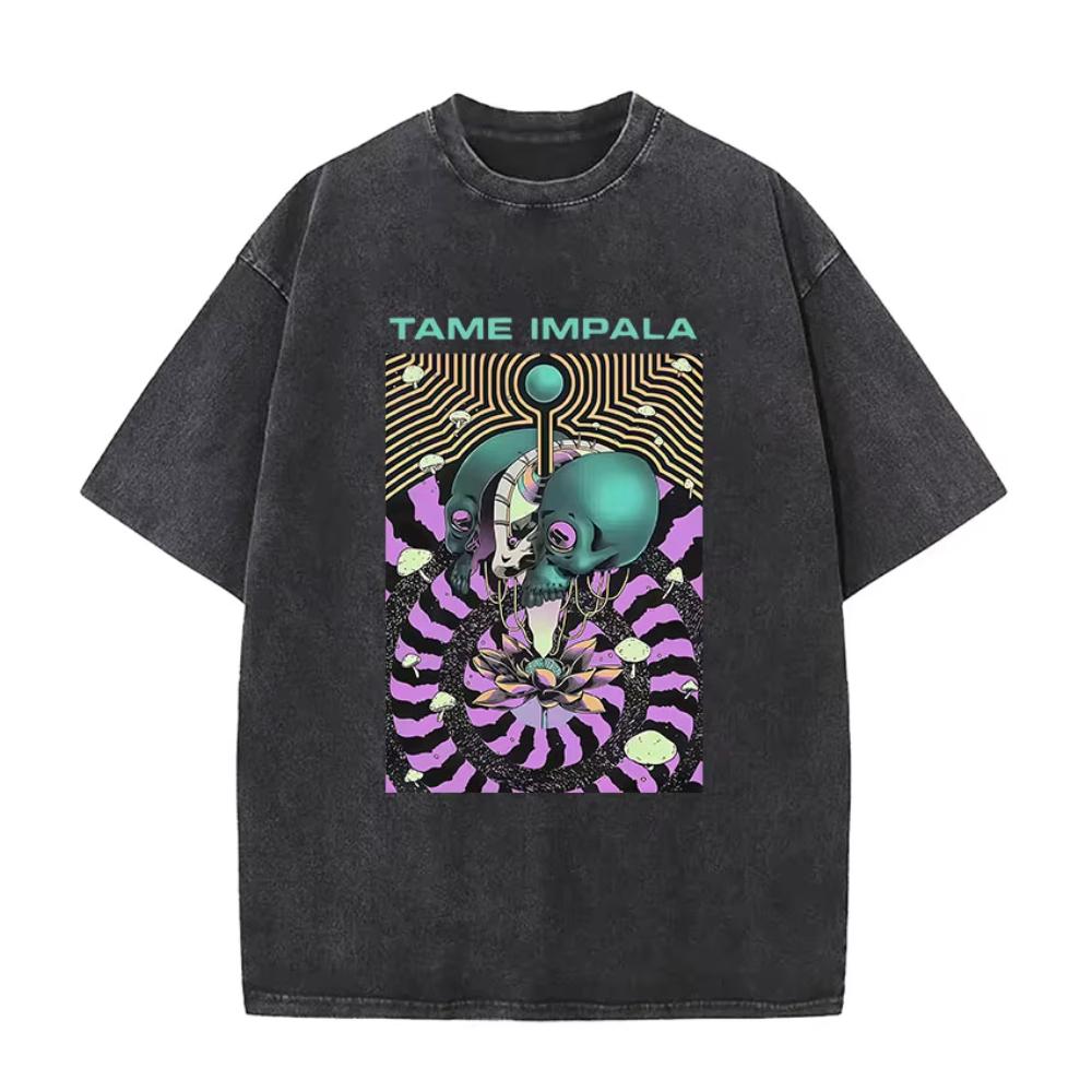 Tame Impala Tour Album Vintage Washed Tshirt Mens Hip Hop Gothic Tshirts Casual Oversized Short Sleeve T Shirt Streetwear