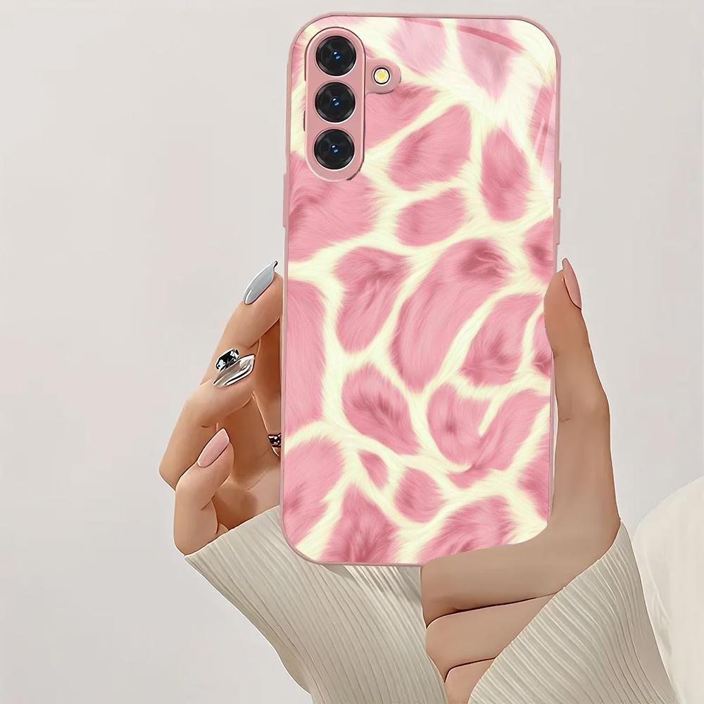Pink leopard print metallic paint glass phone case suitable for Samsung Galaxy S26 S25 S24 S22 S21 S20 FE/Ultra/Plus anti drop