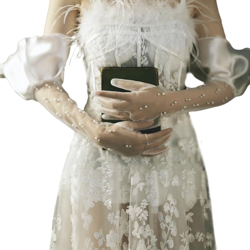 

Длинные сетчатые кружевные перчатки с жемчугом для невесты, тюлевые перчатки длиной до локтя, элегантные женские свадебные украшения для чаепития