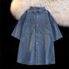 Summer short-sleeved denim shirt trendy solid color ruffian handsome Hong Kong style thin Japanese shirt casual jacket