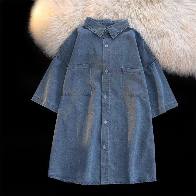 Summer short-sleeved denim shirt trendy solid color ruffian handsome Hong Kong style thin Japanese shirt casual jacket