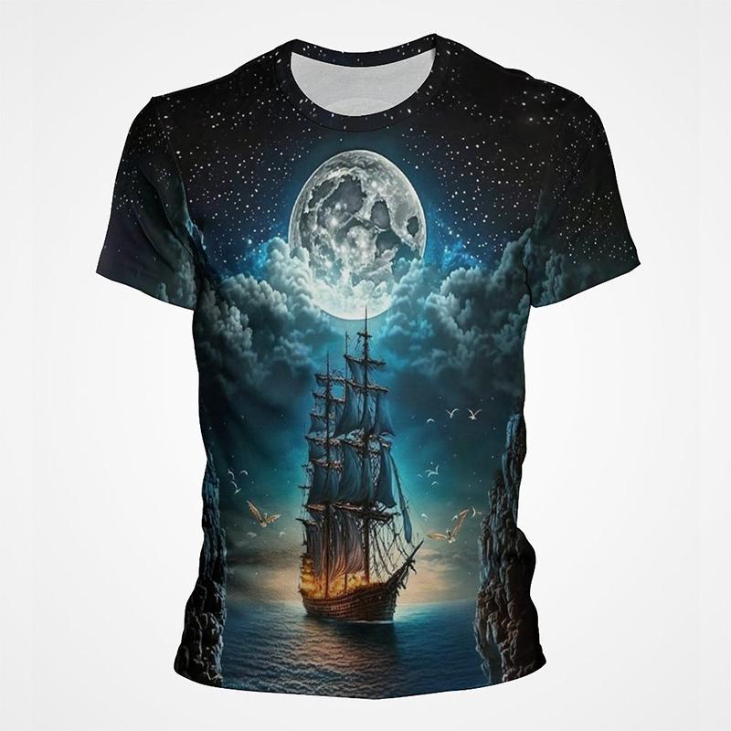 Segelboot Piratenschiff Grafik T-Shirts Herren 3D-Druck Kurzarm Tee Tops Lässig Herren Übergröße Streetwear T-Shirt Ropa Hombre