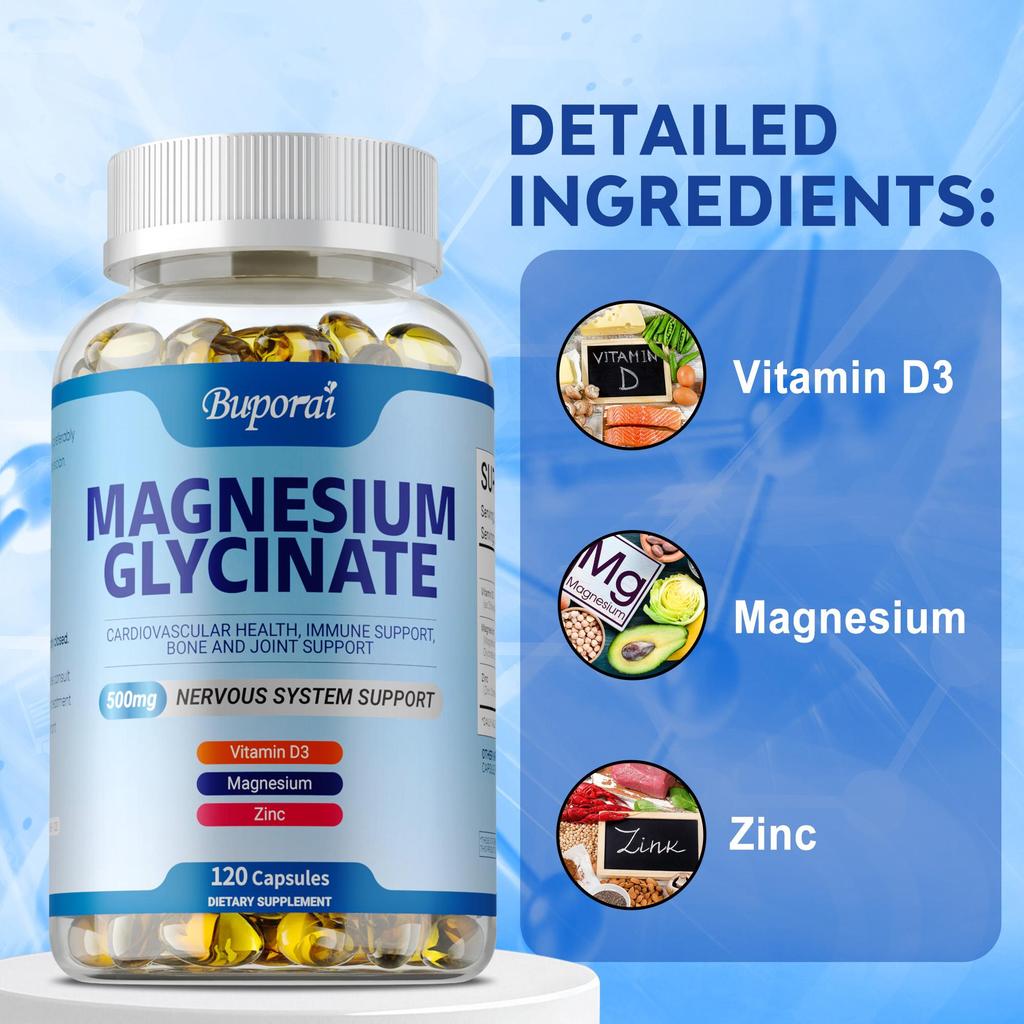 Hochreine Magnesiumglycin-Kapseln, 500 mg, Vitamin D3, Zinkkomplex-Formel, schützt die Knochen- und Gelenkgesundheit.