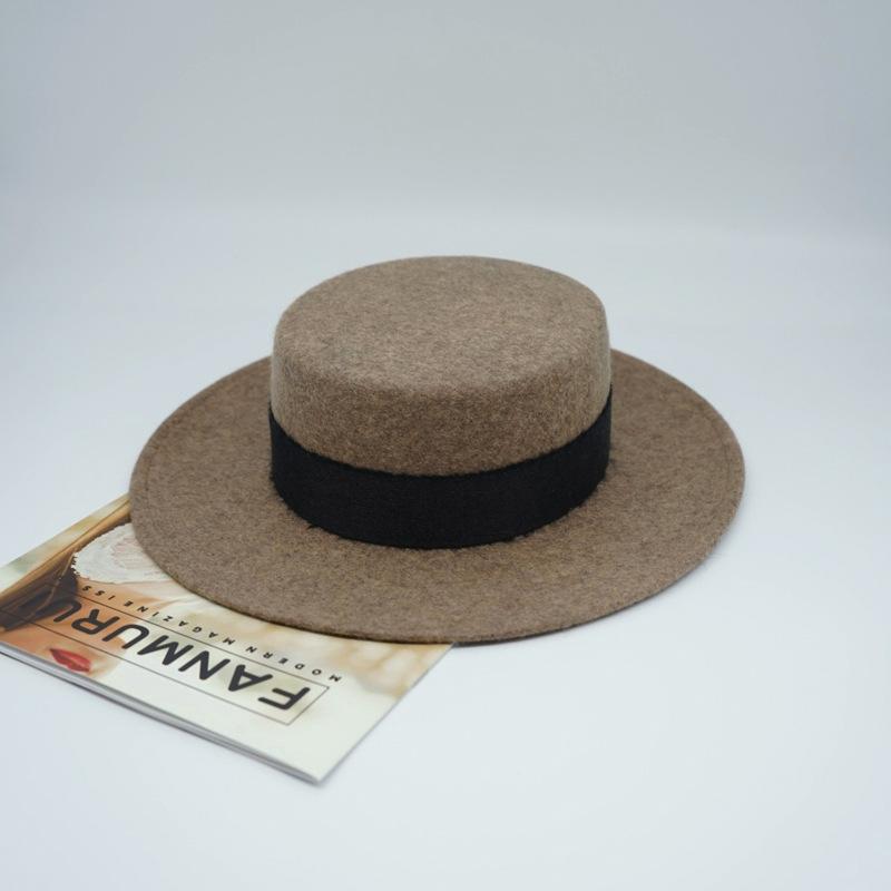 French retro oat wool woolen flat top top hat women's autumn and winter versatile British wide brim Panama camel felt hat
