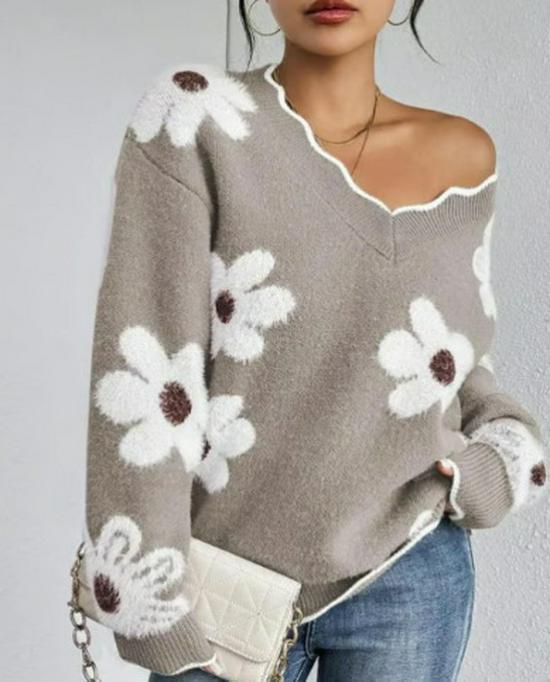 Women's Faux Mink Jacquard Lace Collar Knit Pullover Sweater for Autumn/Winter