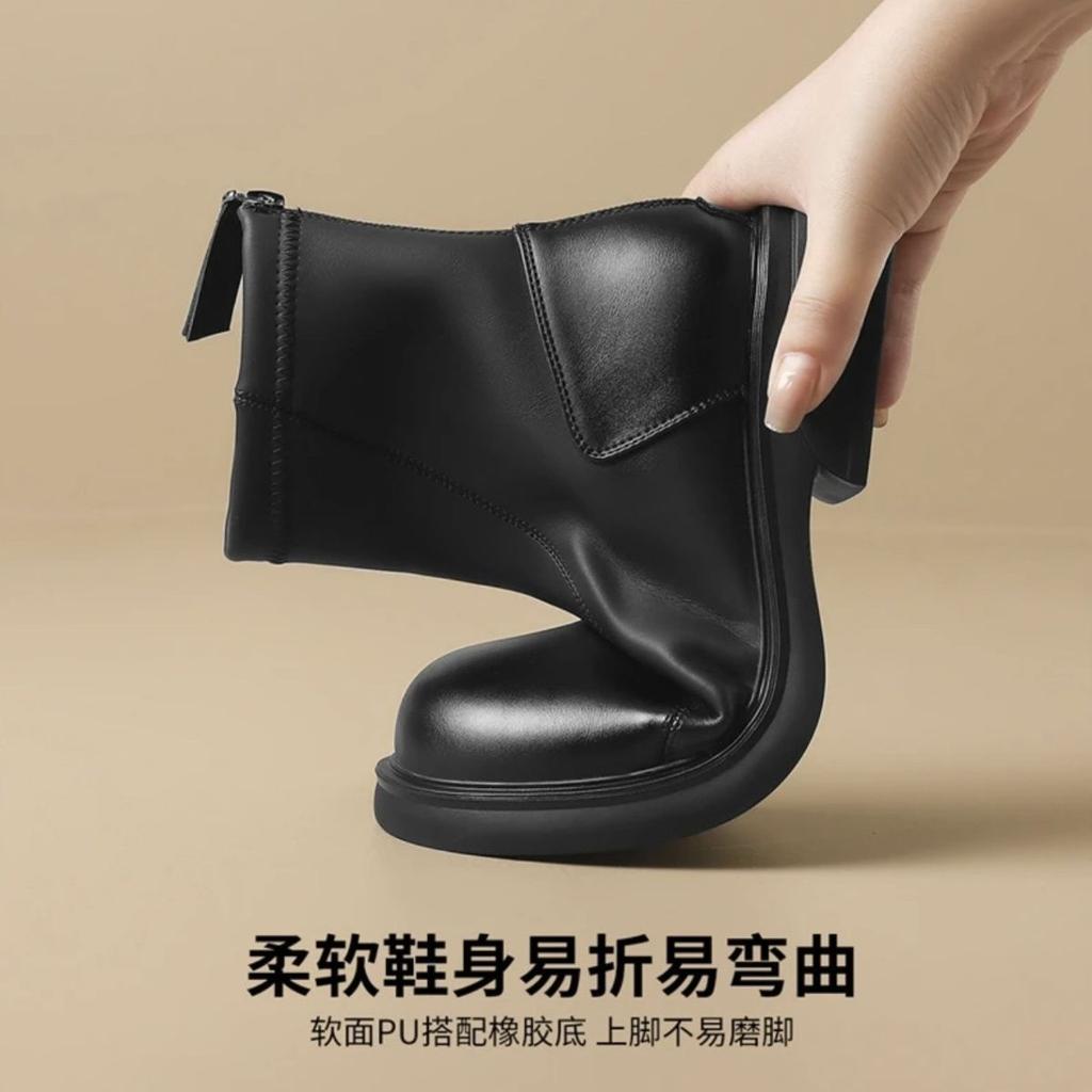 Leather short boots thick-soled round-headed retro Martin boots women's 2025 autumn and winter velvet new British foreign fashion women's boots