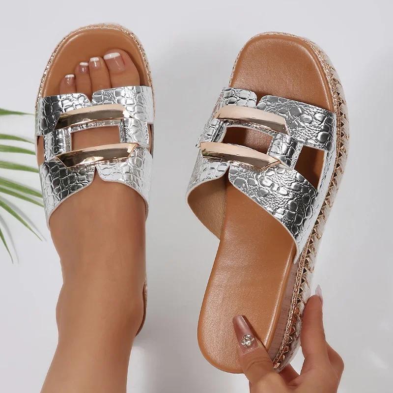 Fashion Platform Wedge Sandals for Women 2025 Summer Square Toe Thick Bottom Slippers Woman Plus Size Rivets Decor High Heel Sandles New