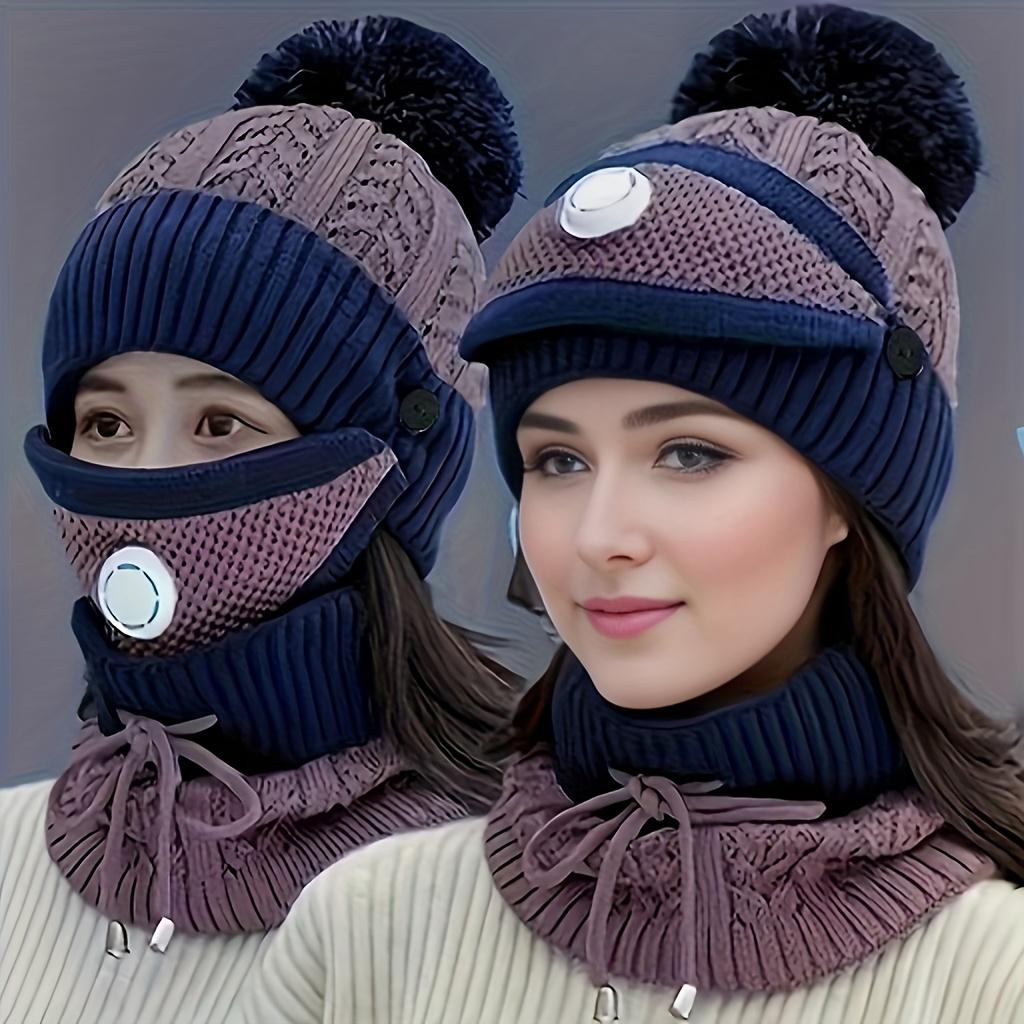 2025 3-teiliges Masken-, Hut- und Schal-Set für Damen, Herbst und Winter, Mütze, verdicktes Fleece, warm, Ohrenschutzkappe, Set mit extra Flausch