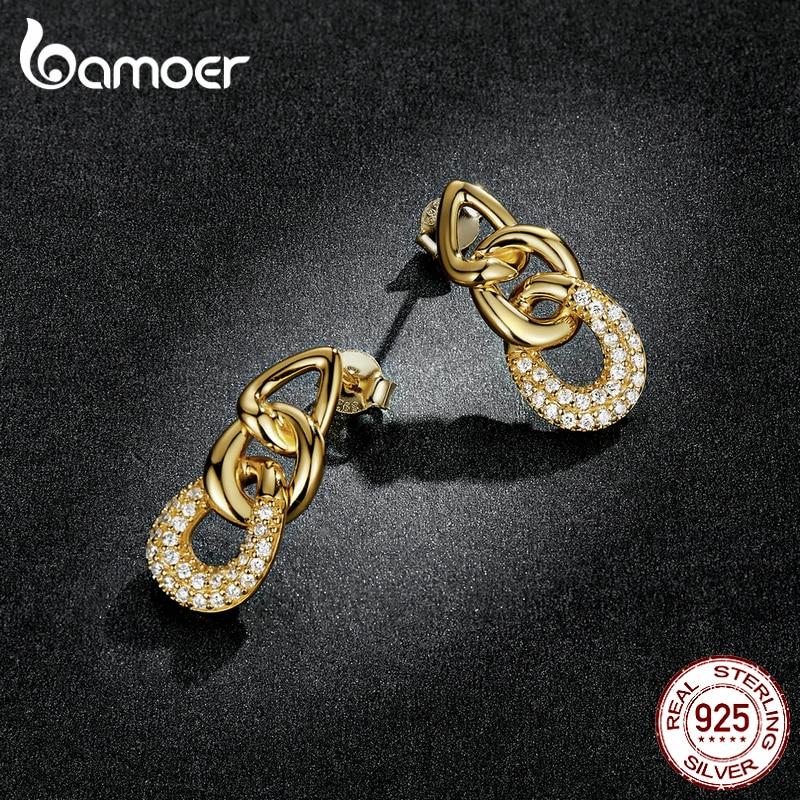 BAMOER 925 Sterling Silver New Trendy Earrings Plated Gold Personality Chain-Shaped Drop Earrings Women Statement Jewelry Gift
