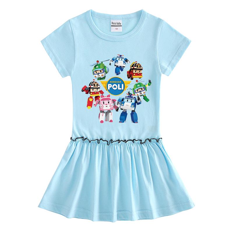 Summer Cartoon Raglan Color Block Pleated Dress for Girls - Stylish Short Sleeve Ruffle Skirt