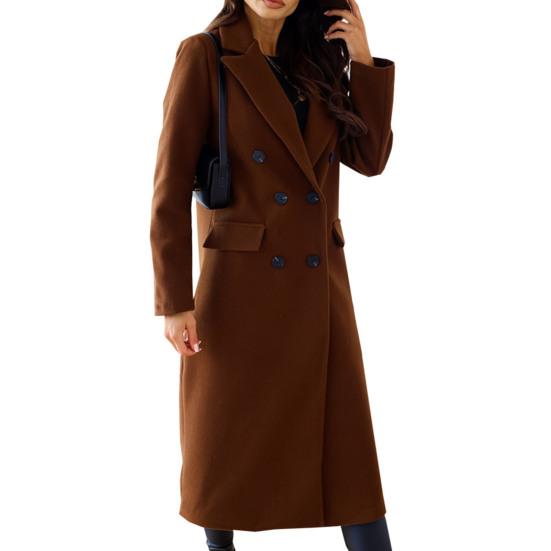 Women's Long Wool Blend Coat Double-Breasted Trench Coat Casual Notch Lapel Peacoat Fall Winter Overcoat
